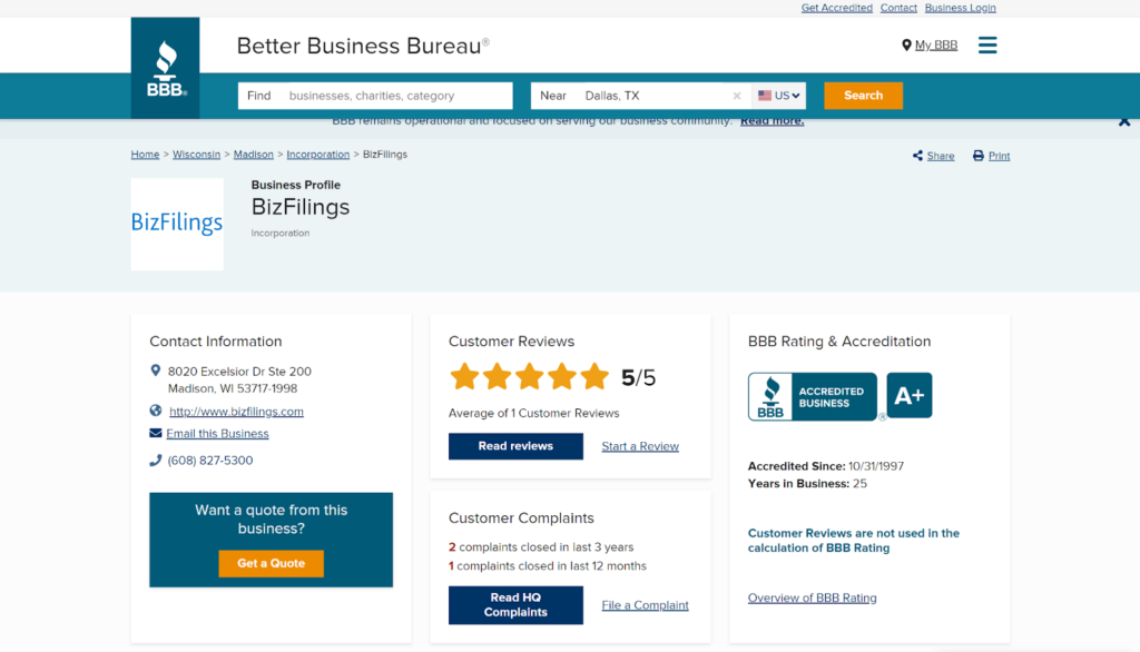 BizFilings Better Business Bureau Reviews